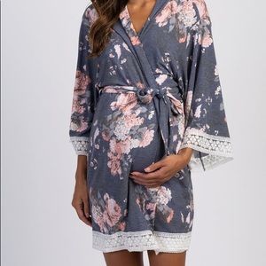 PinkBlush Navy Floral Lace Trim Maternity Robe